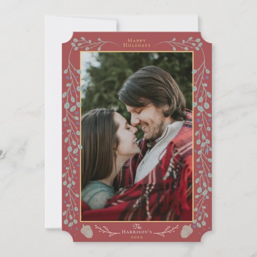 Elegant Modern Botanical Flat Red Christmas Photo Holiday Card