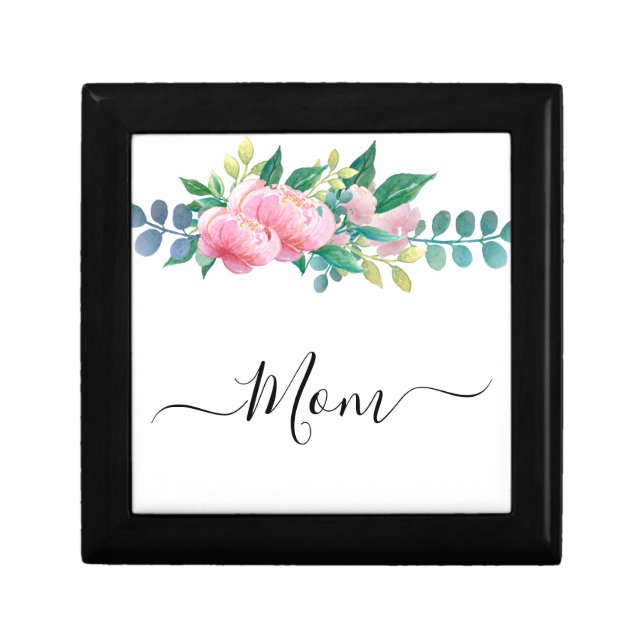 Elegant Modern Botanical Green Pink Flower Mom Gift Box (Front)