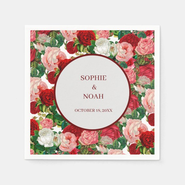 Elegant Modern Botanical Green Red Burgundy Flower Napkins (Front)