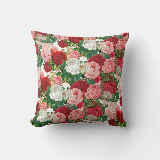 Elegant Modern Botanical Green Red Burgundy Flower Outdoor Pillow (Front)