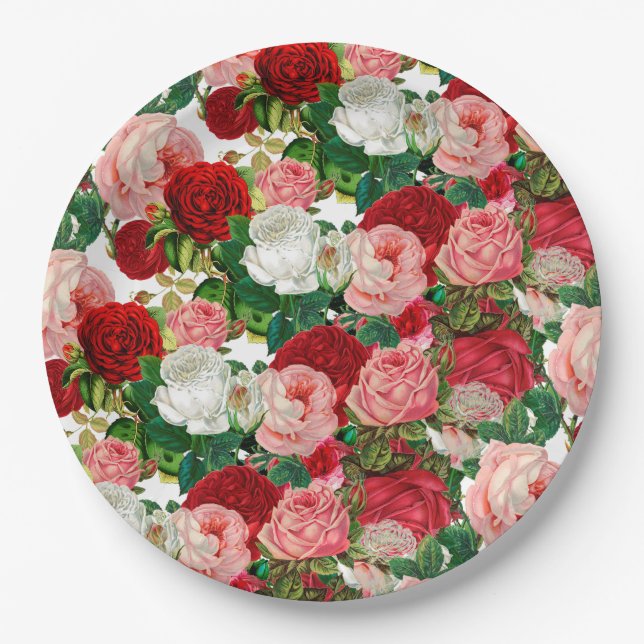Elegant Modern Botanical Green Red Burgundy Flower Paper Plates (Front)