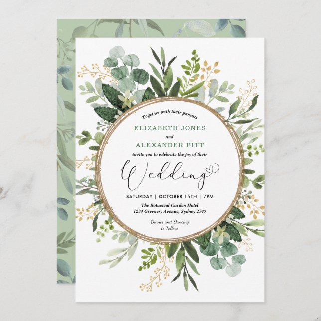 Elegant Modern Botanical Greenery Wedding Invitation (Front/Back)