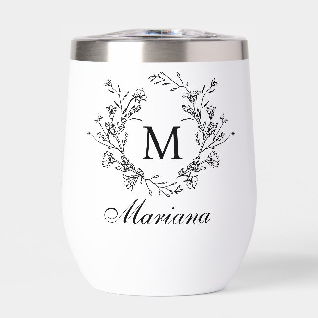 elegant modern botanical monogram minimalist thermal wine tumbler (Front)