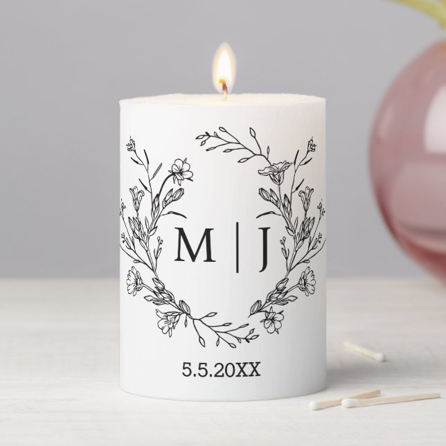 elegant modern botanical monogram wedding pillar candle (In Situ)