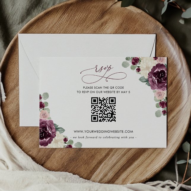 Elegant Modern Botanical Plum Floral QR CODE RSVP Card (Elegant Modern Botanical Plum Floral QR CODE RSVP Card)