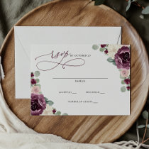 Elegant Modern Botanical Plum Floral Wedding RSVP Card