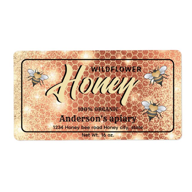 Elegant modern bright Sparkle bees honey jar label (Front)