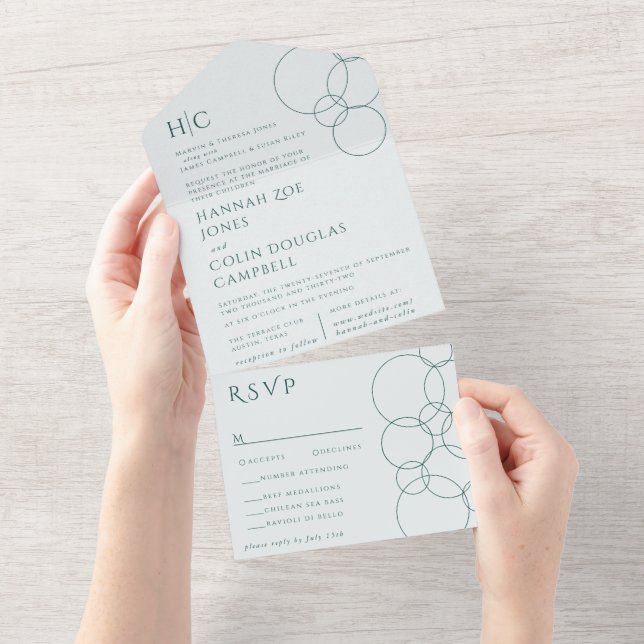Elegant Modern Bubbles Geometric Gray & Dark Teal All In One Invitation (Tearaway)