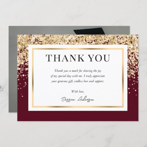 Elegant Modern Burgundy and Gold Photo Graduation Thank You Card