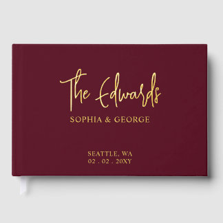 Elegant Modern Burgundy and Gold Wedding Foil Guest Book