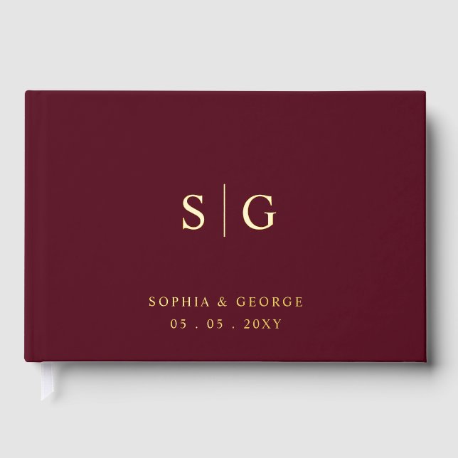 Elegant Modern Burgundy and Gold Wedding Foil Guest Book (Front)