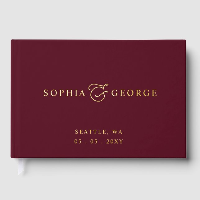 Elegant Modern Burgundy and Gold Wedding Foil Guest Book (Front)