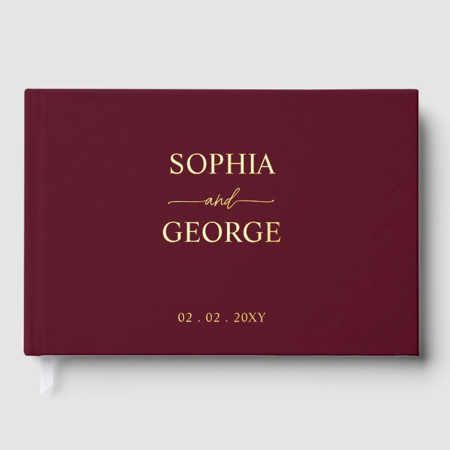 Elegant Modern Burgundy and Gold Wedding Foil Guest Book (Front)