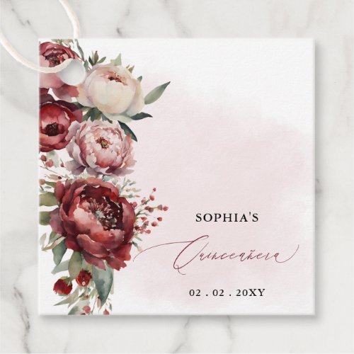 Elegant Modern Burgundy Blush Floral Quinceaera  Favor Tags