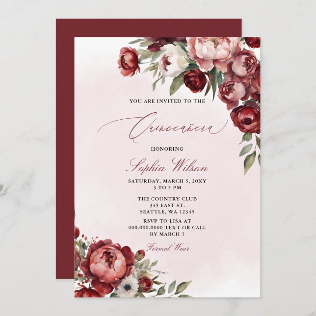 Elegant Modern Burgundy Blush Floral Quinceañera  Invitation (Front/Back)