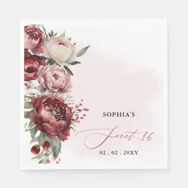 Elegant Modern Burgundy Blush Floral Sweet 16 Napkins (Front)