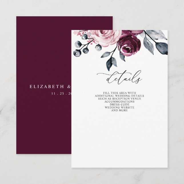 Elegant Modern Burgundy Floral Wedding Enclosure Card (Front/Back)