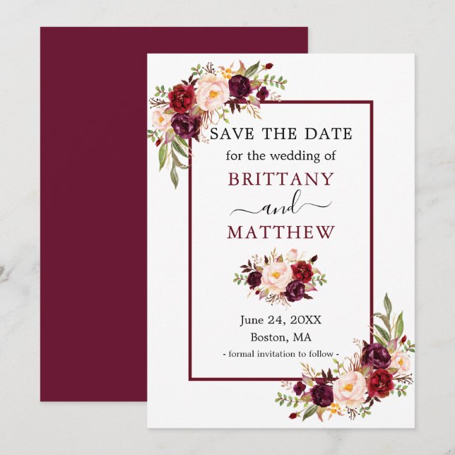 Elegant Modern Burgundy Frame Floral Save The Date (Front/Back)