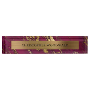 Elegant Modern Burgundy Marble Brushed Gold Foil Desk Name Plate