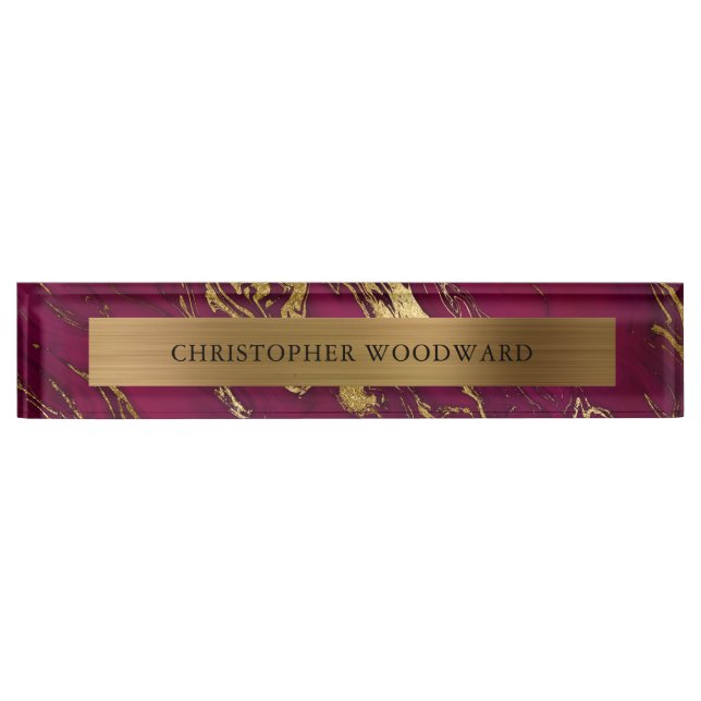 Elegant Modern Burgundy Marble Brushed Gold Foil Desk Name Plate (Front)