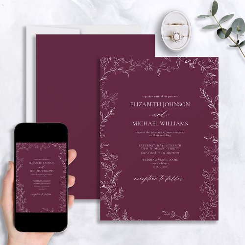 Elegant Modern Burgundy Minimal Leaf Wedding Invitation