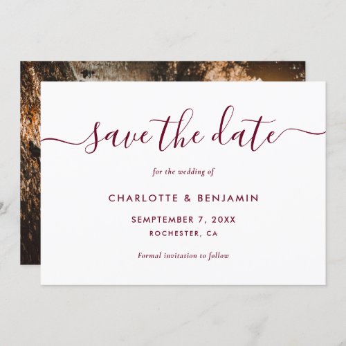 Elegant Modern Burgundy Photo Save The Date Card