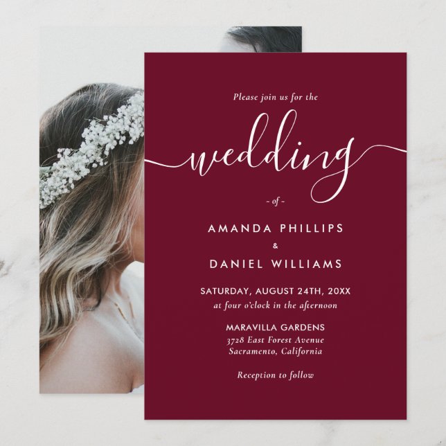 Elegant Modern Burgundy Photo Wedding Invitation (Front/Back)