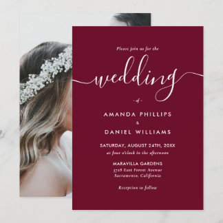Elegant Modern Burgundy Photo Wedding Invitation