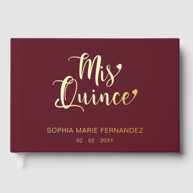 Elegant Modern Burgundy Quinceañera Foil Guest Book (Front)