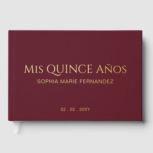 Elegant Modern Burgundy Quinceañera Foil Guest Book (Front)