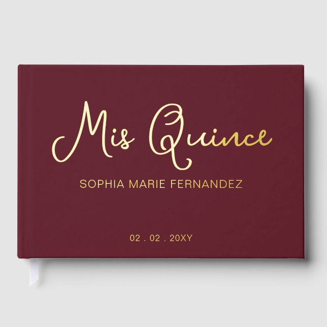 Elegant Modern Burgundy Quinceañera Foil Guest Book (Front)
