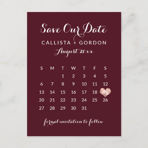 Elegant Modern Burgundy Rose Gold Heart Calendar Announcement Postcard