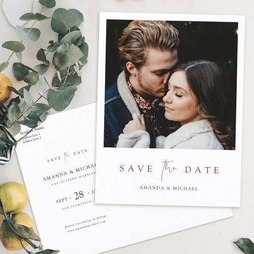 Elegant Modern Burgundy Script Photo Wedding Invitation Postcard