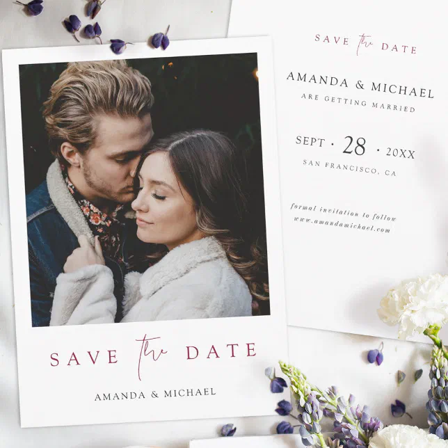 Elegant Modern Burgundy Script Photo Wedding Save The Date | Zazzle