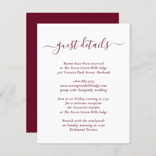 Elegant Modern Burgundy Wedding Details Enclosure Card