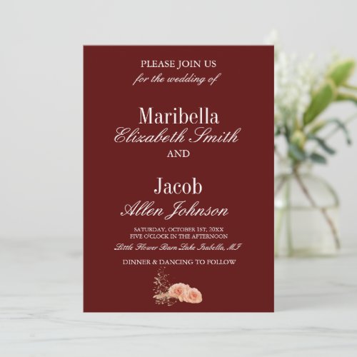 Elegant Modern Burgundy & White Rose Wedding  Invitation