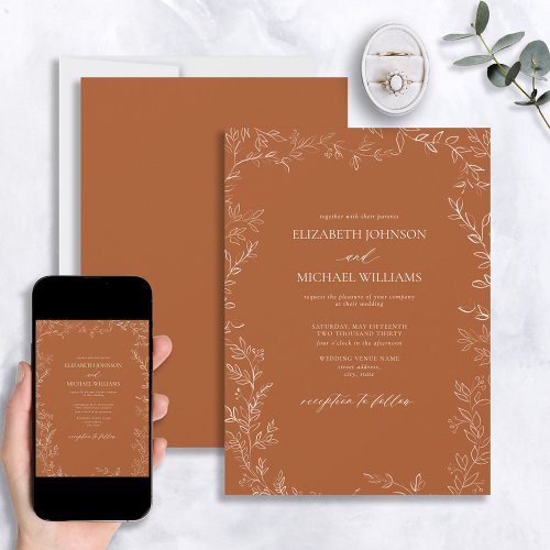 Elegant Modern Burnt Orange Minimal Leaf Wedding Invitation