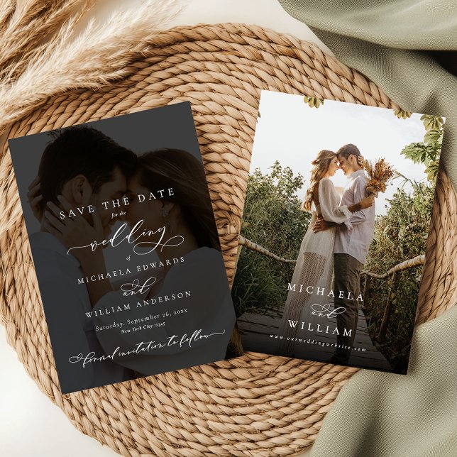 Elegant Modern Calligraphy 2-Photo Wedding Save The Date (Creator Uploaded)