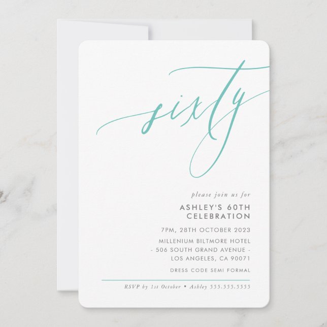 ELEGANT modern Calligraphy 60th party mint green Invitation (Front)