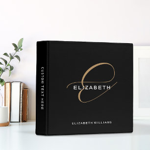 Elegant Modern Calligraphy Black Gold Monogram 3 Ring Binder