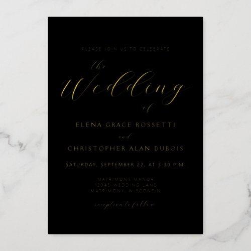 Elegant Modern Calligraphy Black Gold Wedding Foil Invitation