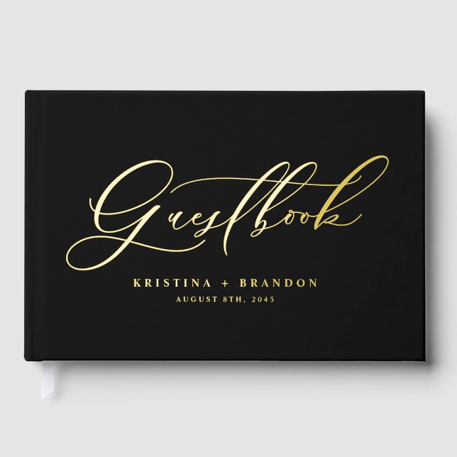 Elegant Modern Calligraphy Black Wedding Foil Guest Book (Front)