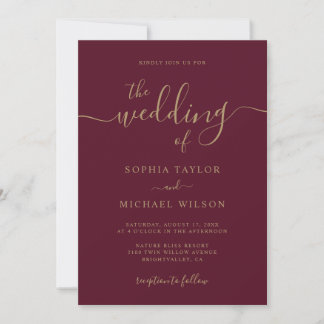 Elegant Modern Calligraphy Burgundy & Gold Wedding Invitation