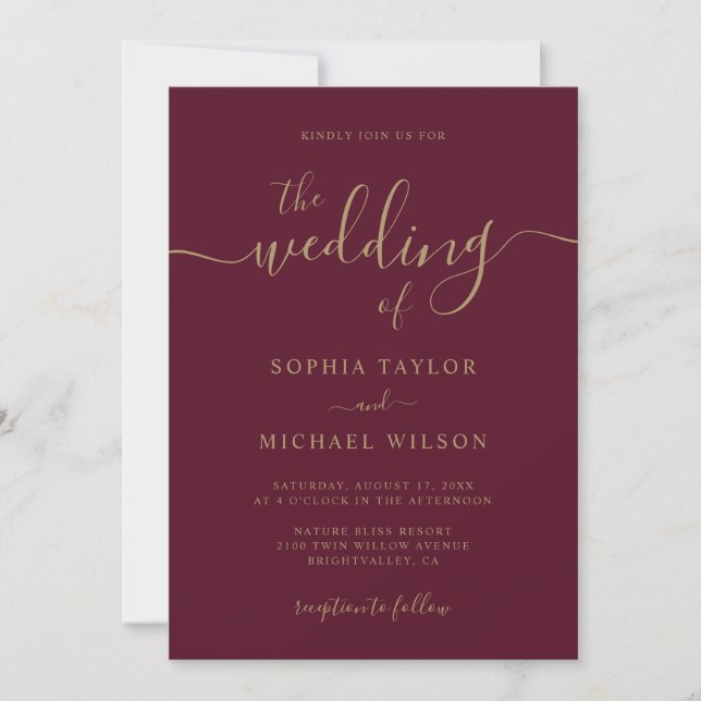 Elegant Modern Calligraphy Burgundy & Gold Wedding Invitation (Front)