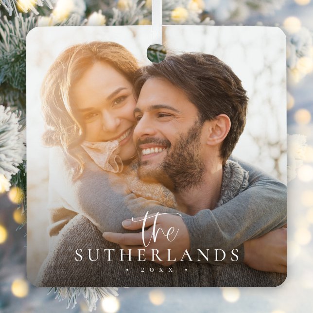 Elegant Modern Calligraphy Christmas Family Photo Metal Ornament (Creator Uploaded)