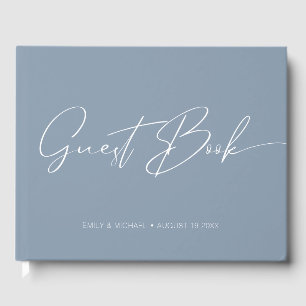 Elegant Modern Calligraphy Dusty Blue Wedding Guest Book