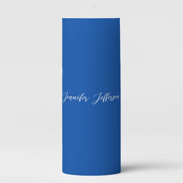 Elegant Modern Calligraphy Name Professional Blue Pillar Candle (Front)