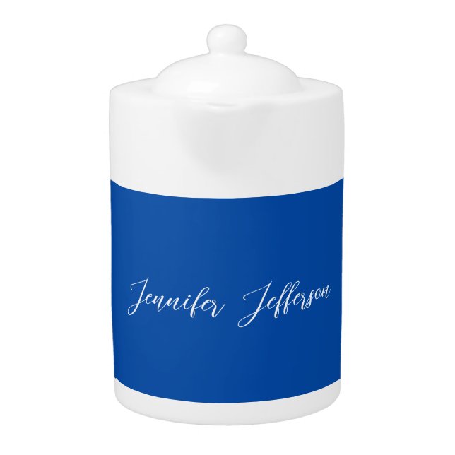 Elegant Modern Calligraphy Name Professional Blue Teapot (Front)