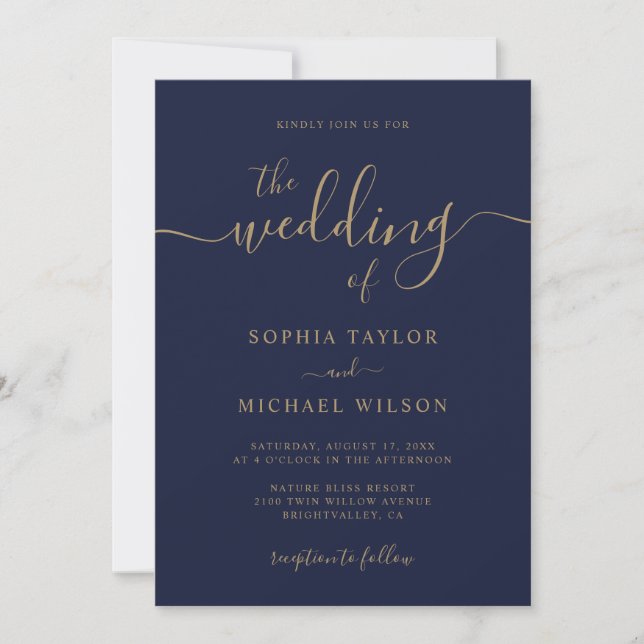 Elegant Modern Calligraphy Navy & Gold Wedding Invitation (Front)