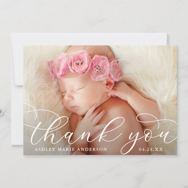 Elegant Modern Calligraphy New Baby Photo Thank You Card (Front)